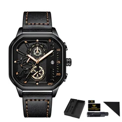 Часы наручные NEKTOM Мужские кварцевые спортивные водонепроницаемые люксовые с кожаным ремешком квадратной формы