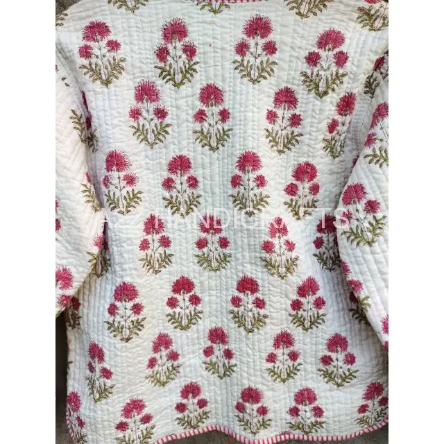 Hand Block Flower Print Winter Jacket Women Clothing White & Pink Indian Kantha Jacket Cotton Quilted Coat, Boho, Hippie