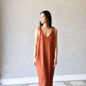 Factory Casual Beach Sun Dresses Spaghetti Strap Gathered Bust Cotton Linen Loose Plus Size Oversized Maxi Dress For Women