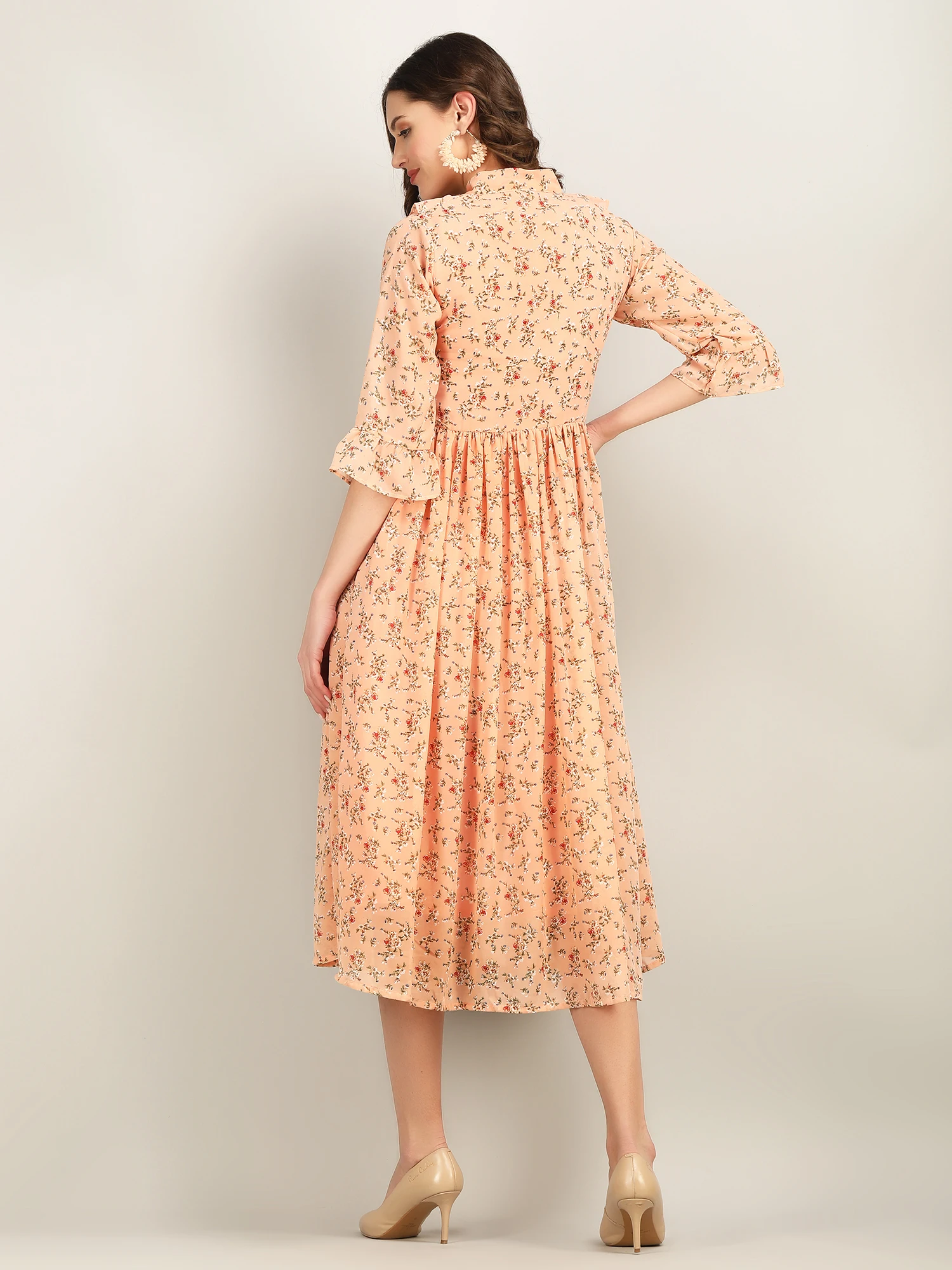 Stunning Peach Fit And Flare Floral Printed Dress For Women