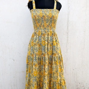 Indian Cotton Block Print Dress Tunic Dress Elastic Cotton Summer Costume Square Neck Sleeveless Long Maxi Dress For Women