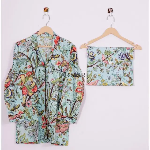 Indian Hand Block Cotton Pajama Set Stylish Fashion-Forward Night Wear for Women and Men Breathable 100% Cotton for Summer
