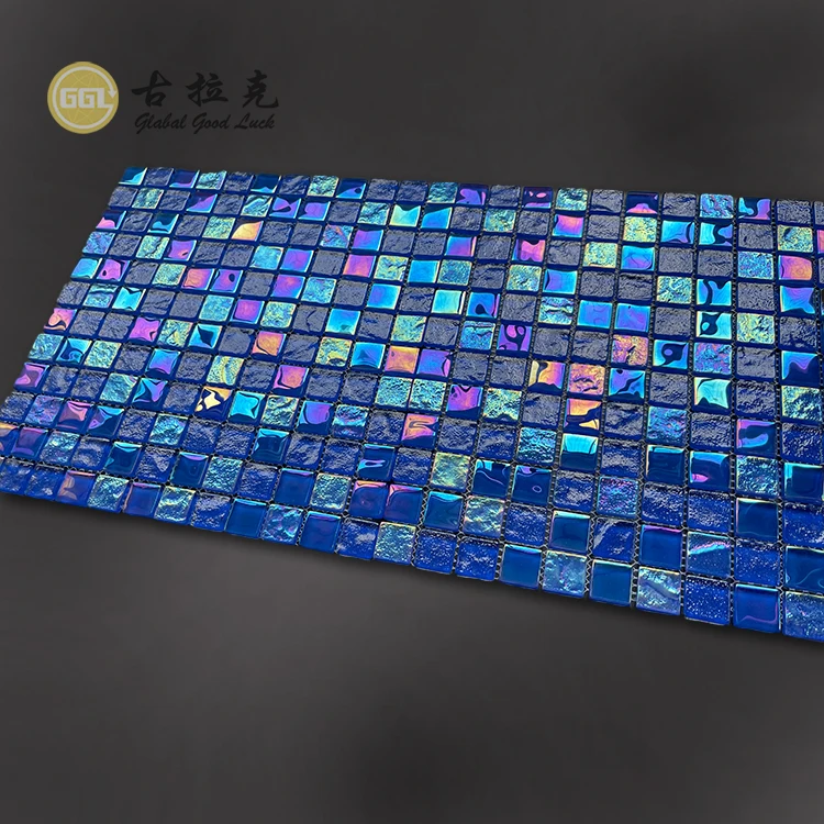 Iridescent Crystal Shining Blue Glass Swimming Pool Tile Mosaic supplier