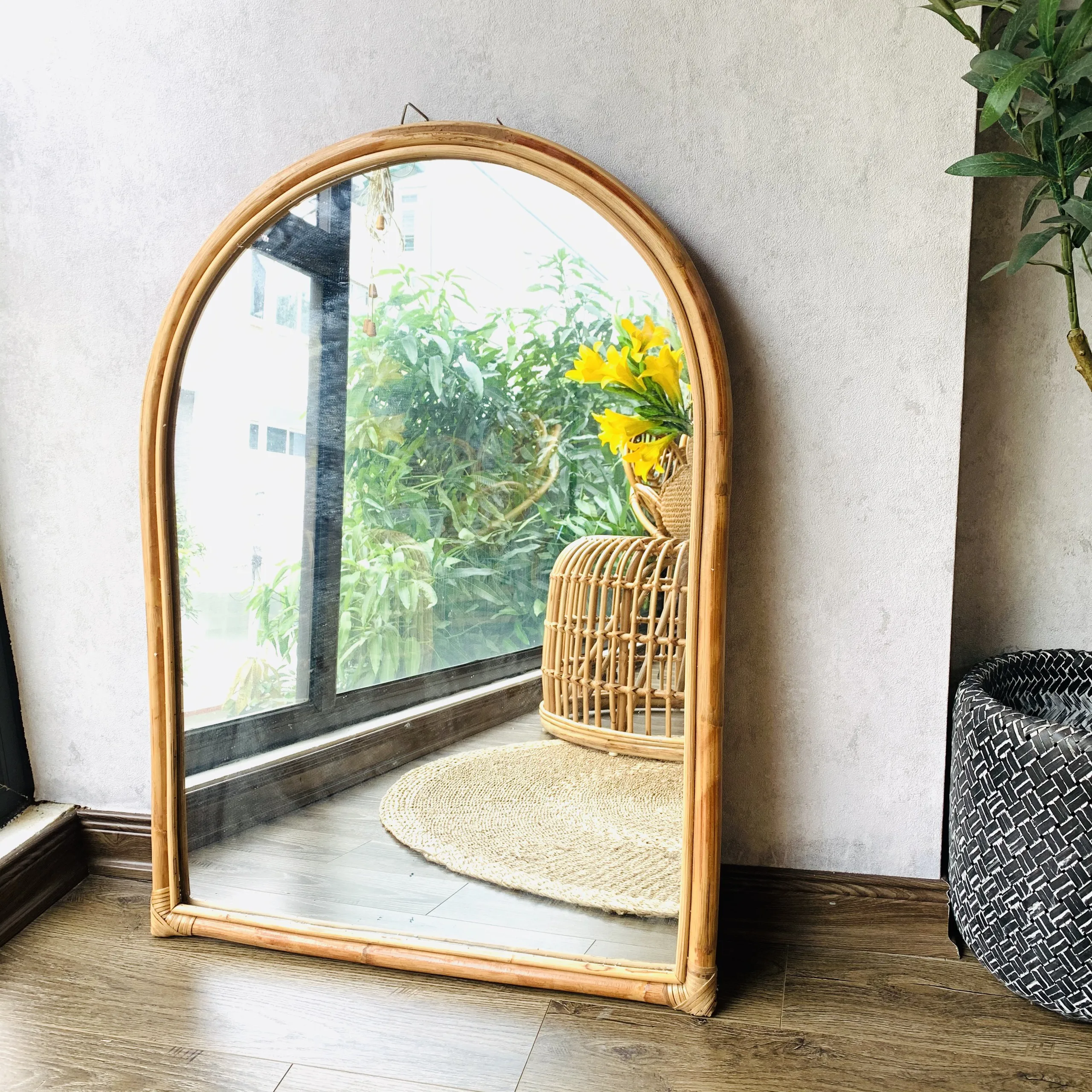 Boho Wall Decorative Handmade Rattan Cane Mirror Wicker Art Arch Cane