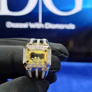 Huge, Men's 14k solid white and yellow gold Emerald Cut yellow Sapphire and Lab Grown diamond engagement ring Bridal Wedding