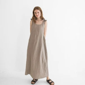 Best Quality Classic Women's Linen Slip Dress Casual Maxi with Spaghetti Strap Sexy Shoulder Summer Wear Woven Plain Dyed