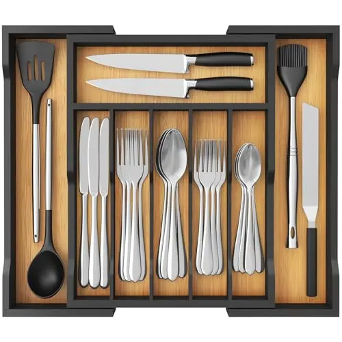 New Expandable Bamboo Kitchen Drawer Organizer Adjustable Utensil Tray for Silverware Flatware Cutlery Storage