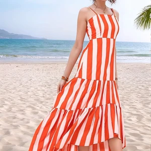 Orange Striped High-low Dress With Back Flawless Tie Flawless Back Tie Detail Adds A Chic Touch for Women  Available Big Size