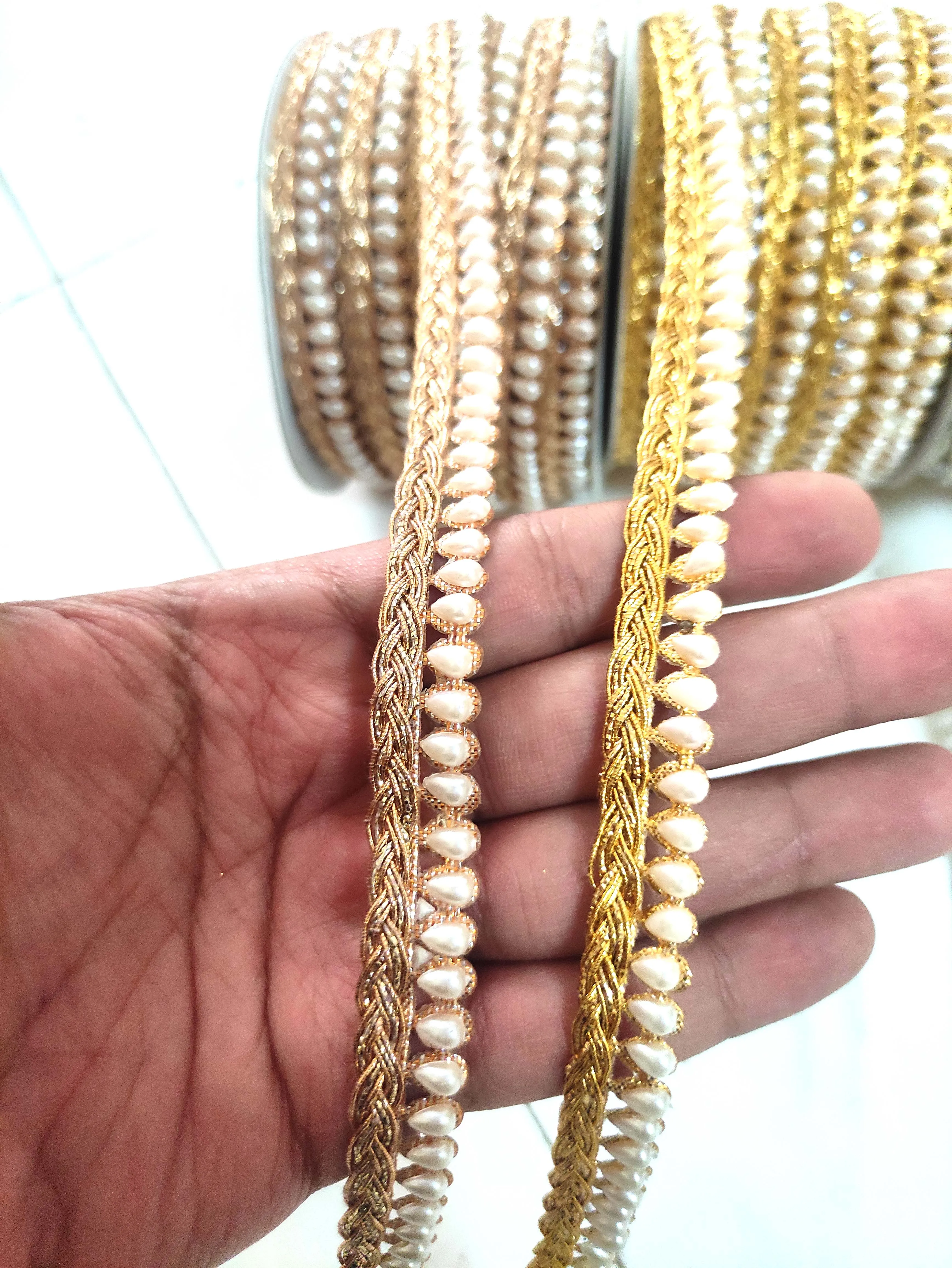 CRYSTAL CREAM BEADS LACE CUT WORK TRIM 20MM GIMP for WOMEN'S DRESS and GARMENTS DEALS in WHOLESALE CUSTOMIZED COLOR
