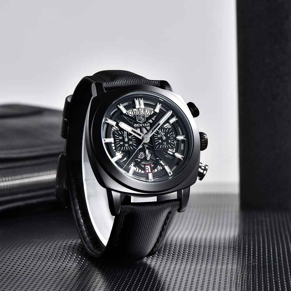 Benyar 5205 New Fashionable 43mm Luminous Dial Men's Quartz Wristwatch Chronograph 50m Waterproof Men's Watch Masculino