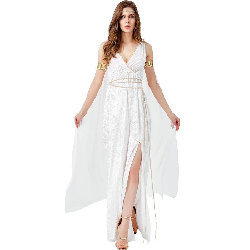 Lady Greek Roman Goddess Costume White Dress Sexy Halter Backless Robe  Cosplay Halloween Carnival Party Fancy Dress