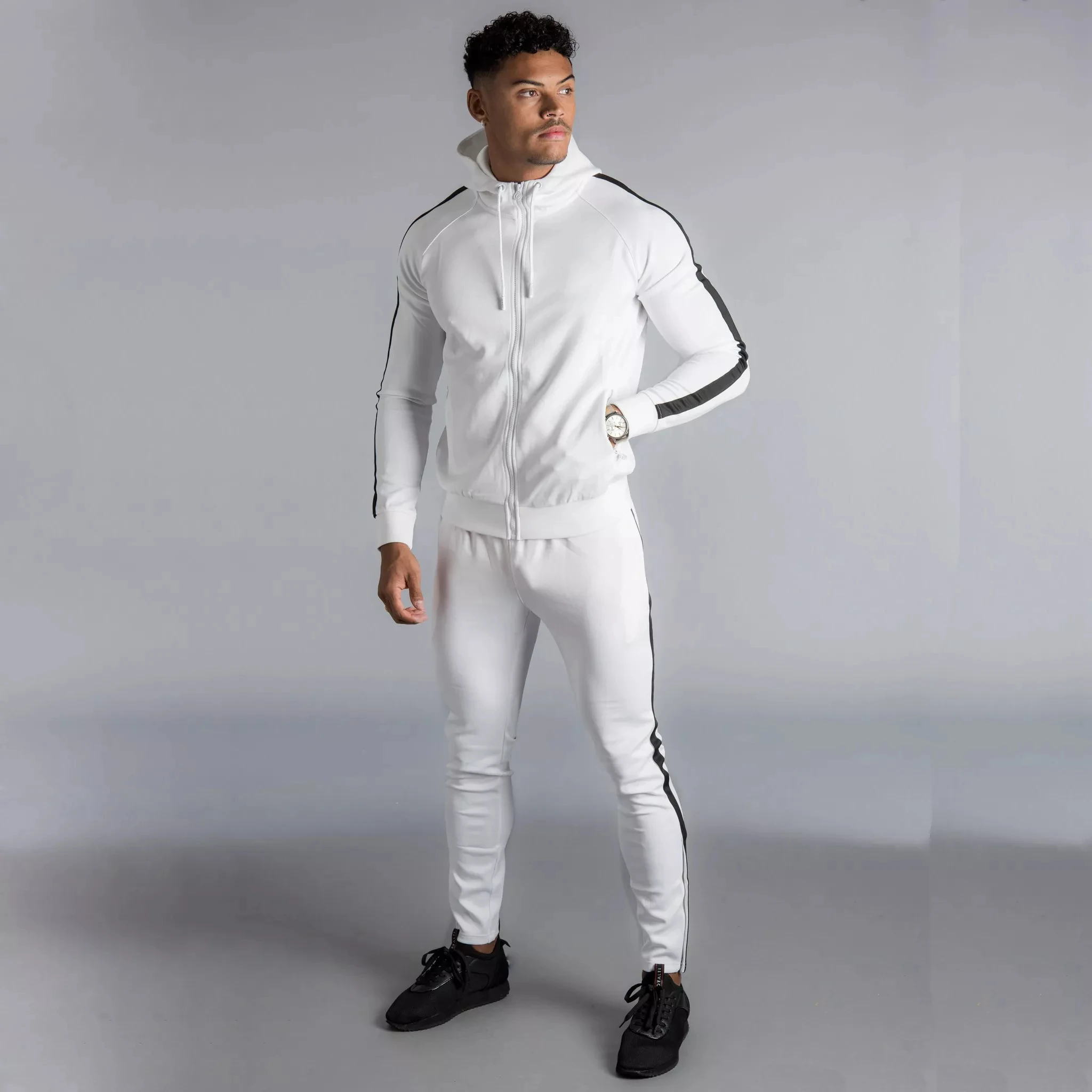 White Casual Black Striped Sport Slim Fit Zipper Jacket Jogger Plain