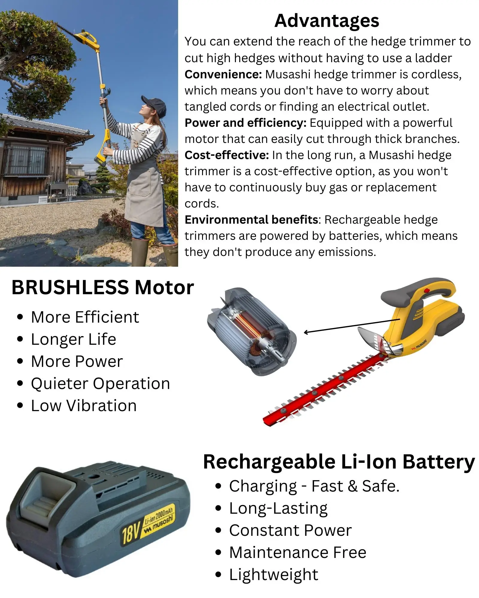 Musashi 18v Max Cordless Pole Hedge Trimmer For Garden Hedges Branches