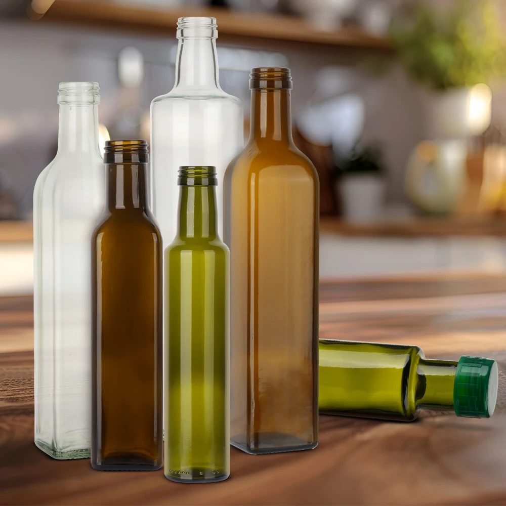 Empty 100ml 250ml 500ml 1L Clear Square 750ml Olive Oil Glass Syrup Dispenser Bottles With Easy Pour Spout Set