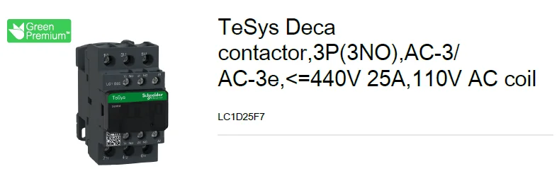 Contacteur Schneider TeSys LC1D25 - 25A, 3 Pôles, Bobine 110V AC - Modèle LC1D25F7C