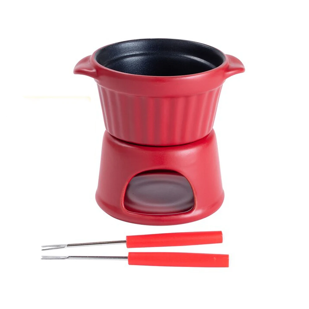 Manufacture Custom Non Stick  Ceramic Butter Warmer Set with Forks Mini Ceramic Cheese Chocolate Candle Fondue Pot Plate