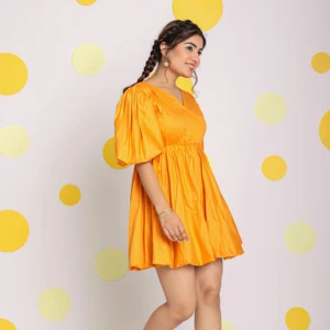 100% Cotton Candy Orange Mini Dress Summer Short Skater Dress with Button Decoration Woven Eco-Friendly Available in Big Sizes