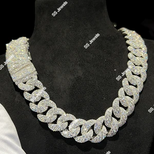 SS Jewels 20mm Real VVS1 Moissanite Claw Setting Cuban Link Chain BustDown Hip Hop Necklace 925 Sterling Silver Rhodium Plated