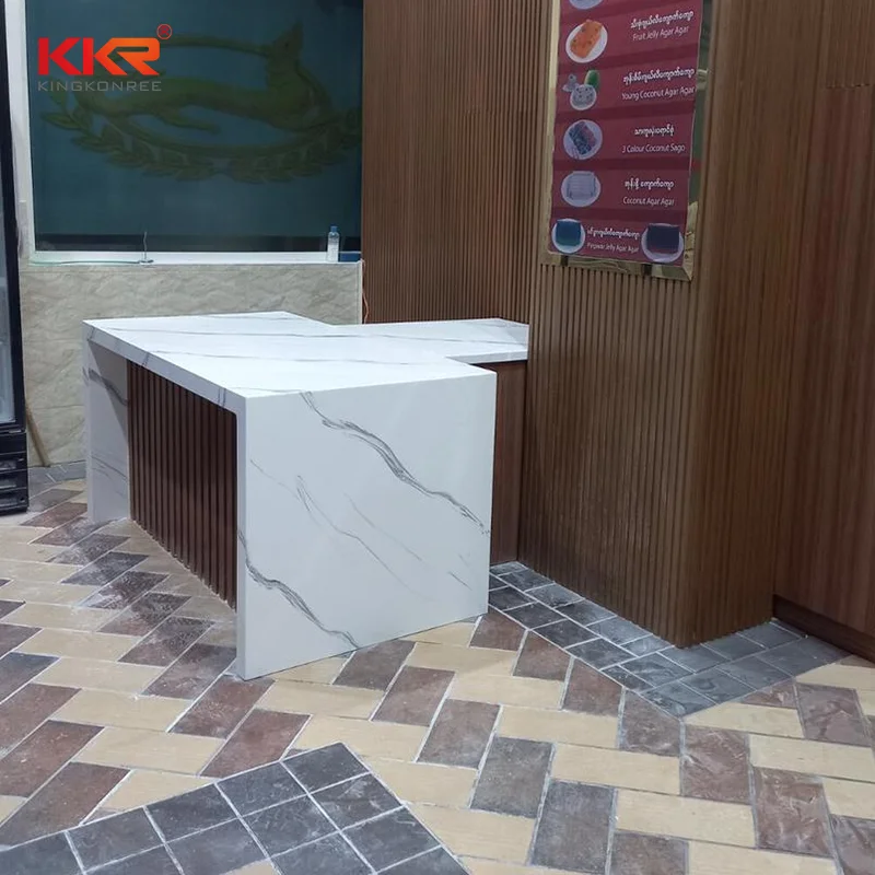 Office Custom Front Desk Hotel Supermarket Hospital Information Desk Marble Look Engineer Stone Silica Free Reception Desk