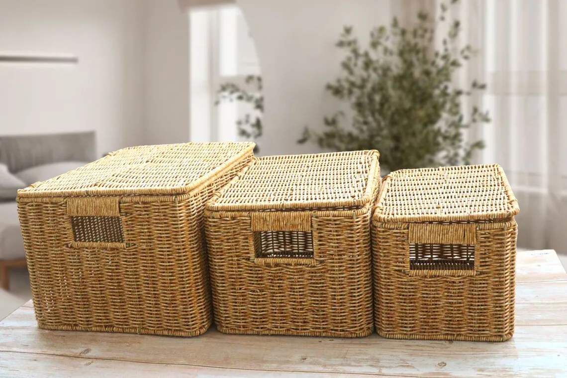 Rectangular Rattan Basket With Lid Rattan Storage Basket Vintage