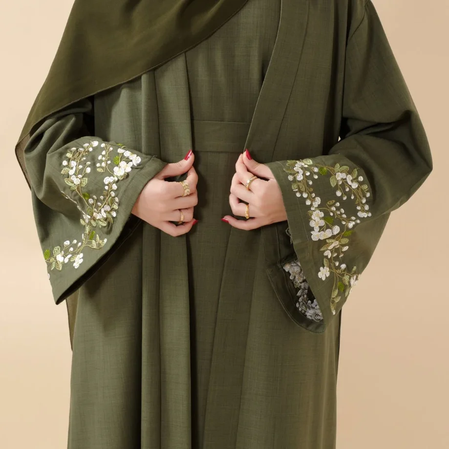 Flower Embroidered 4-Piece Set Linen Abaya Kaftan Robe With Hijab Belt  Modest Islamic Prayer Clothes Outfits