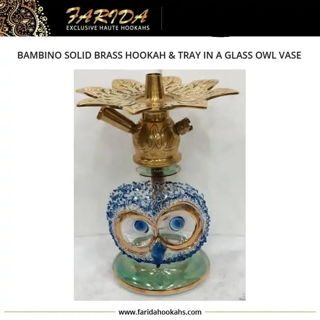 Portable Luxury 1kg Small Hookah with Funky Owl Design Hand Blown Brass Glass Leather and Lacquer Finish