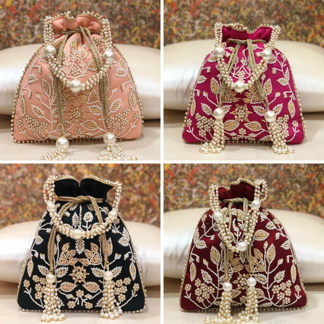 Borsa Potli multicolore ZOHRA con ricamo a mano e manico