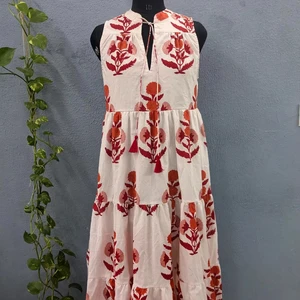Hand Block Print Cotton Linen Women Cotton Summer Dress Sleeveless Mandarin Collar Casual Party Wear Long Maxi Dress For Women