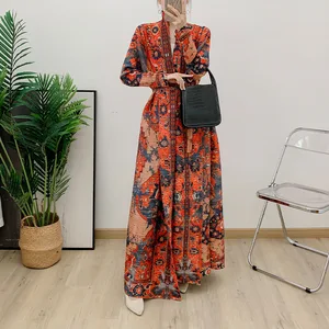 Direct From the Factory New Women's Pleated Abaya High Quality Loose Casual Muslim Elegant Abaya Lapel Printed Coat