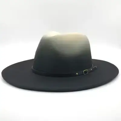 Men Women Wide Brim Wool Felt Panama Gradient Cowboy Cap Feather Jazz Hat Retro
