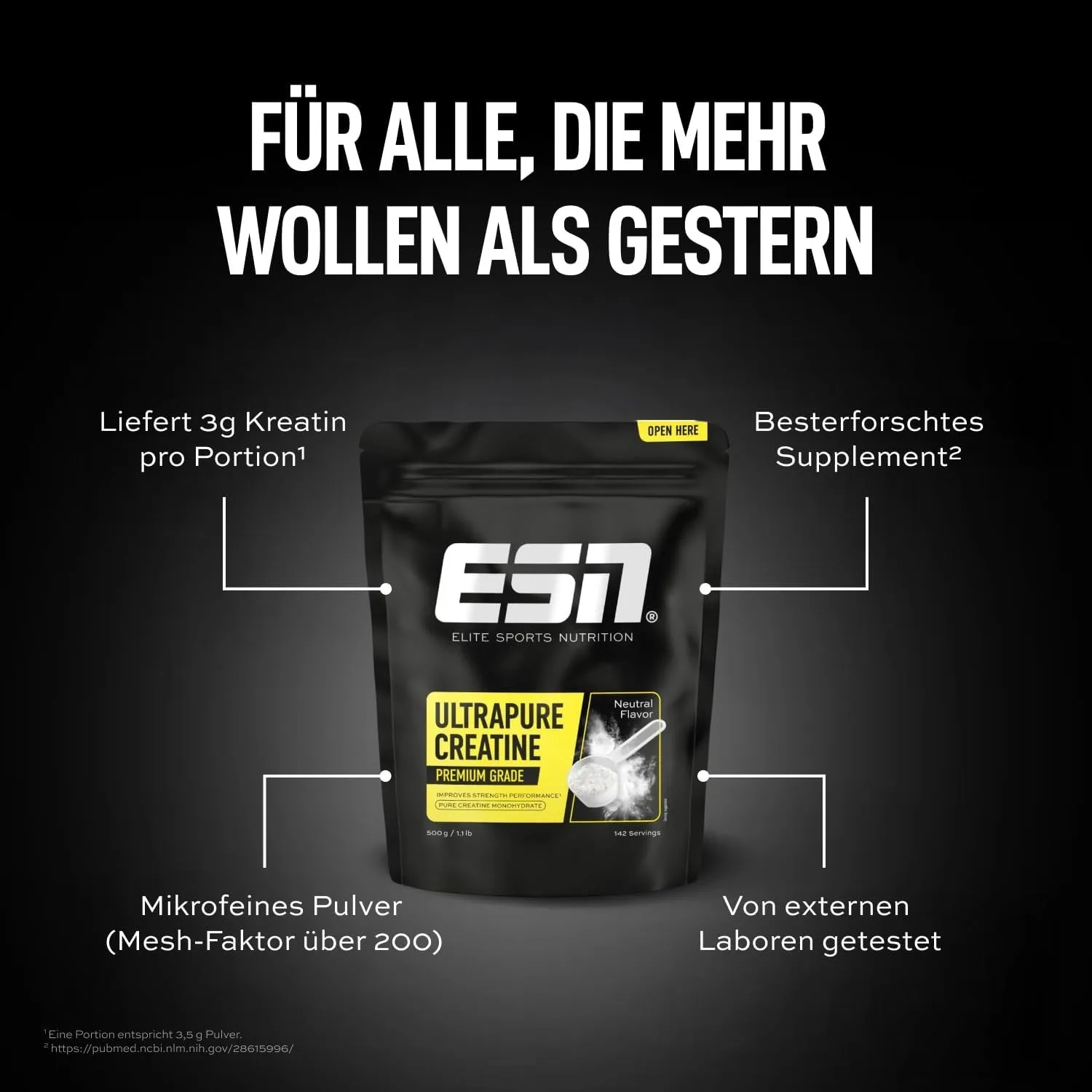 ESN Ultrapure Creatine 500g Beutel mit 4 Kernvorteilen