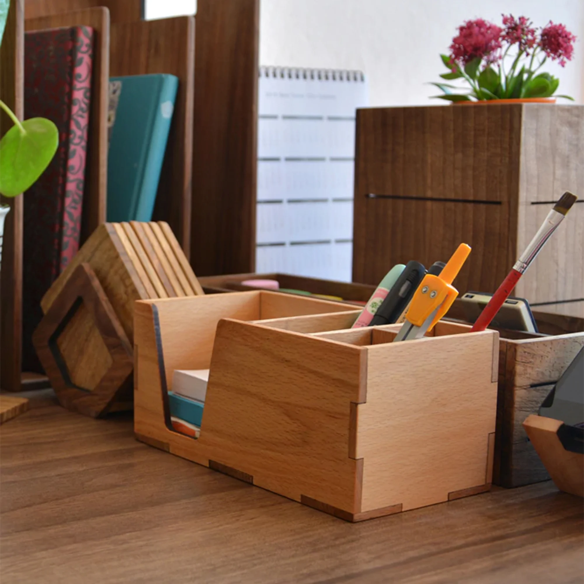 Modern Desk Pencil Box Solid Wood Table Organizers Workplace