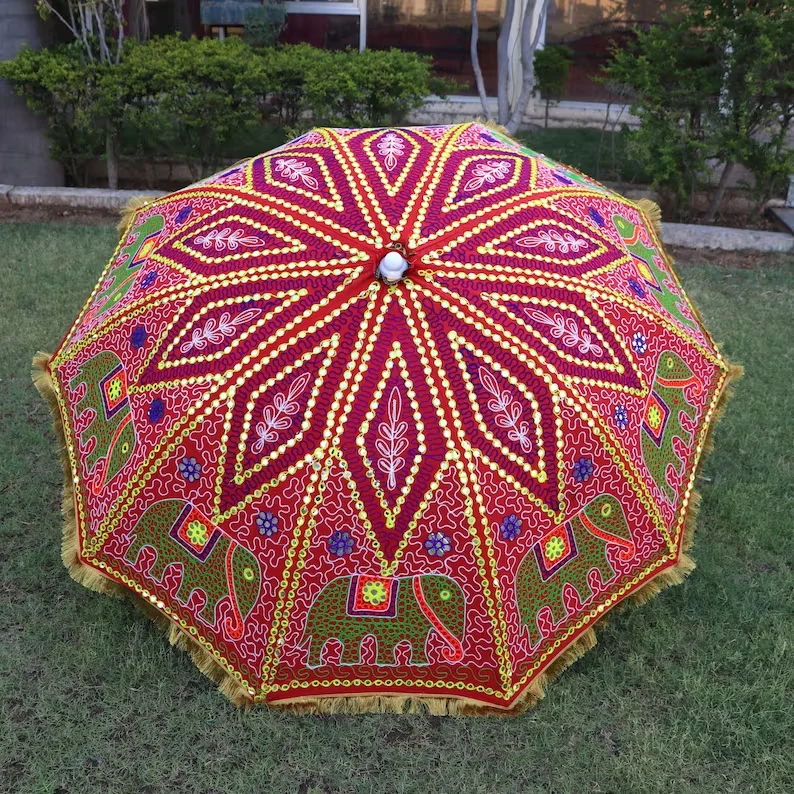 Handmade Indian Collection Boho Style Sun Garden Umbrellas with Pan Tassels, Bright Coloured Sunshade discount Parasols