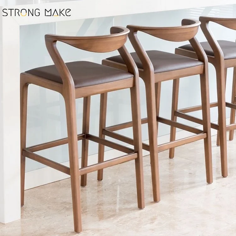 Mid Century Leather Bar Stool Solid Wood High Chair Wooden Kitchen Counter Stool Commercial Bar Stools for Bar and Restaurant