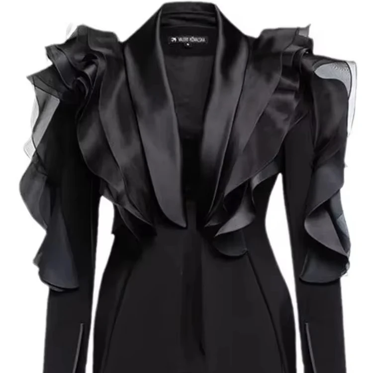 Mesh Ruffles Casual Blazer For Women Lapel Long Sleeve Fashion Loose Fit Jacket Spring Autumn 2025 - Image 1