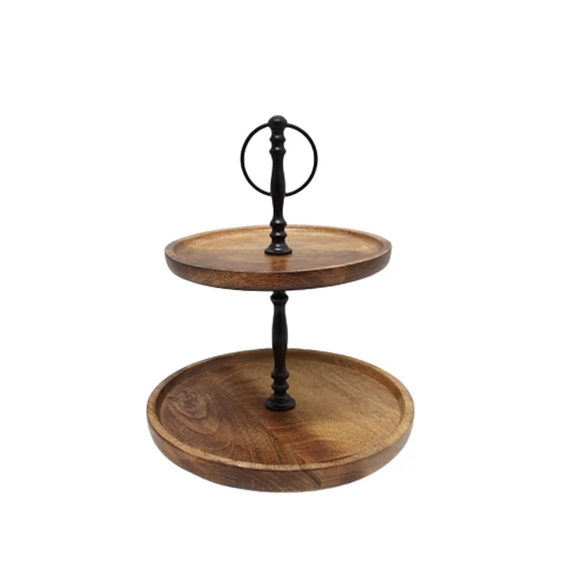 Mango Wood Latest Design 2 Tier Round Cake Stand With Folding Natural Colour Modern Style Tray for Event & Table Top Decoration