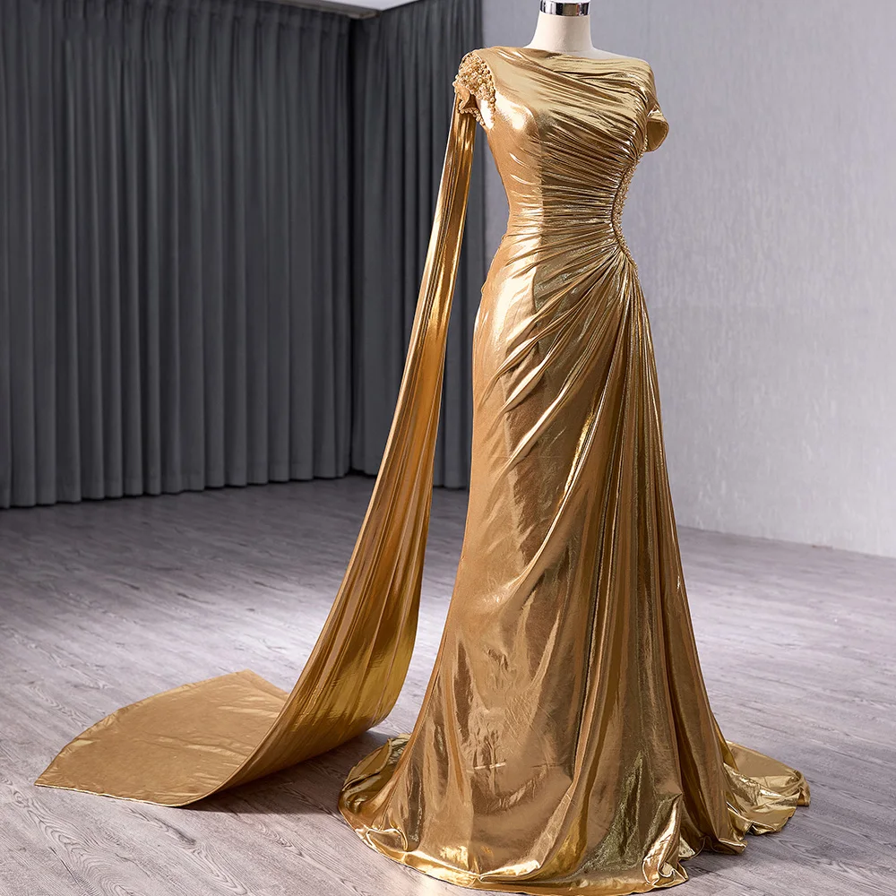gold mermaid prom dresses 2020 Charming Mermaid V Neck Gold Satin Long Prom Dress AB120203 main image 1