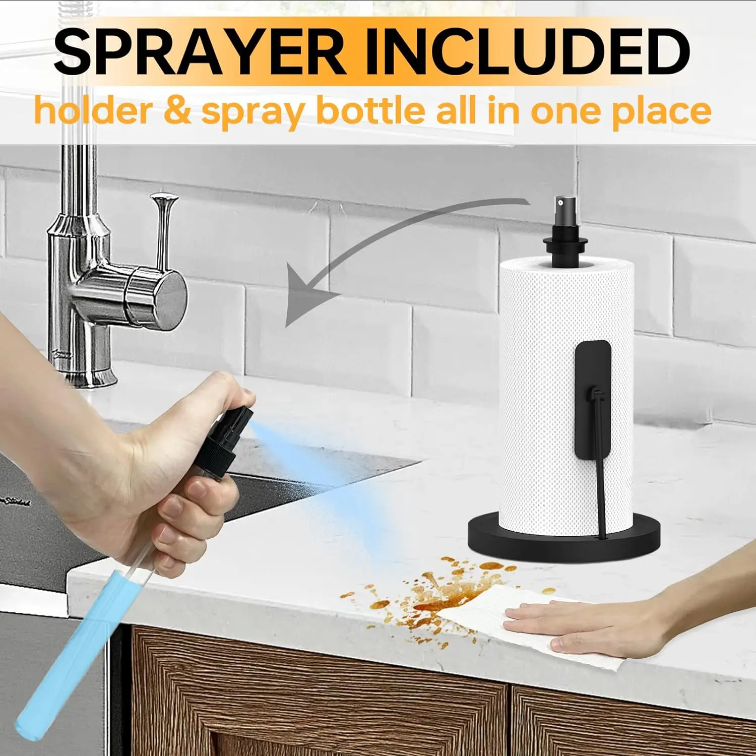 2 in 1 Paper Towel Holder with Spray Bottle Paper Towel Holder Countertop for Kitchen and Bathroom