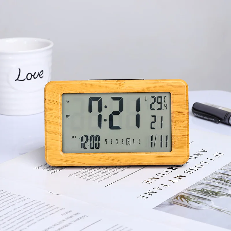 Multi-functional Water Transfer Bamboo Home Wall-mounted Desktop Electronic Clock LED Backlight Digital Snooze Alarm Clock