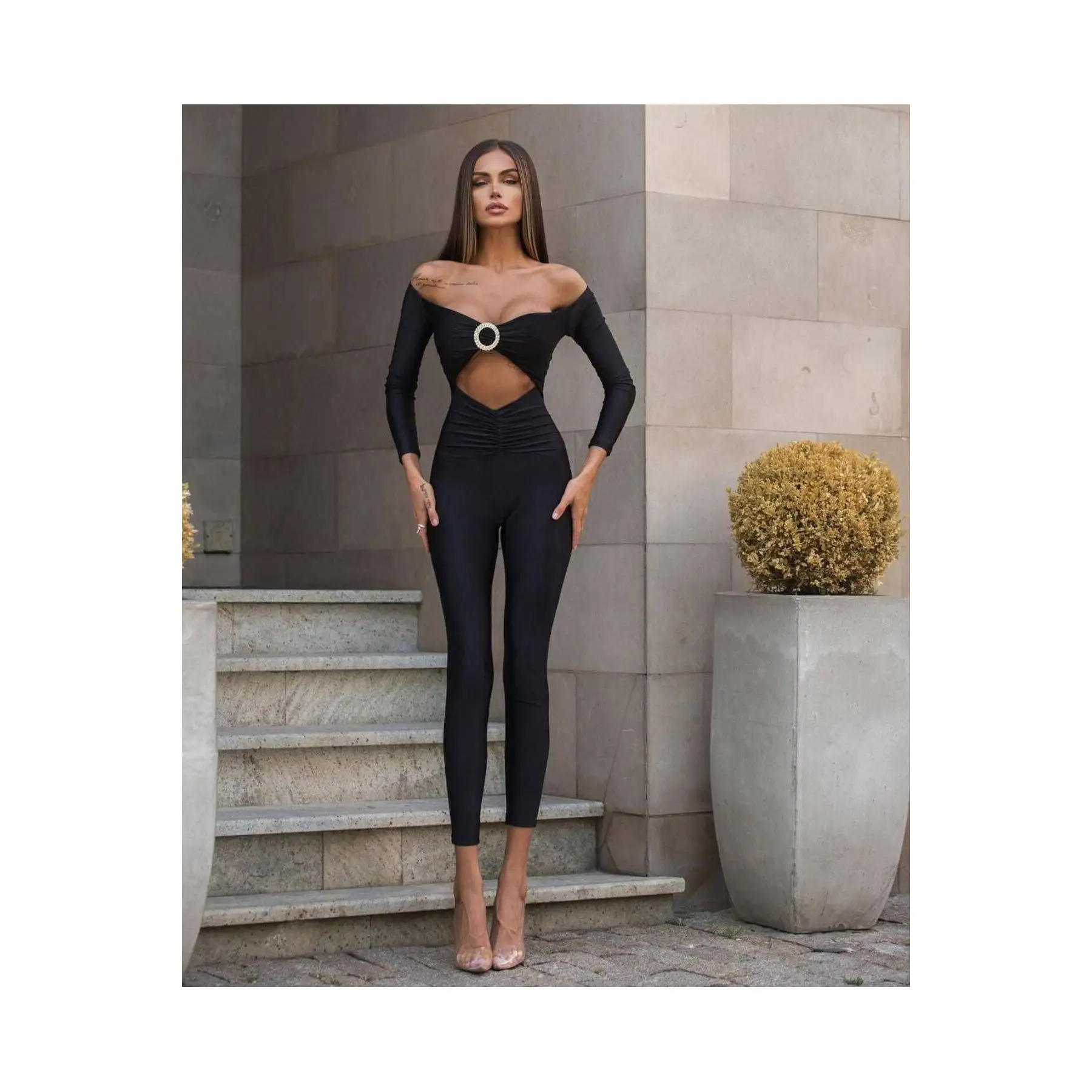 16124 Black Stone Detailed Waistband Jumpsuit