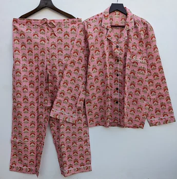 100% Pure Cotton Hand Block Printed Pajama Set - Buy Women's Sleepwear ...