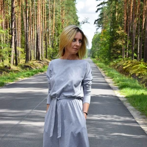 Handmade High Quality Women's Cotton Midi Dress Vintage Gray with Waist Belt Long Sleeve Pockets Woven Eco-Friendly Dress