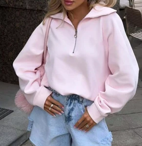 Hot Selling Pink Turndown Collared Metal Zip Loose Fit Hoodie for Women Casual Pullover Sweatshirt Streetwear Custom Logo