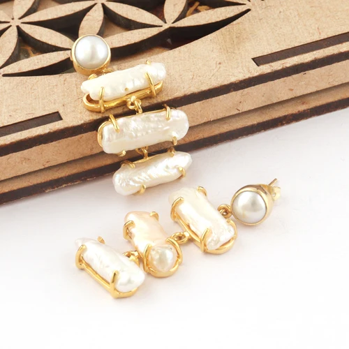 Natural Freshwater Pearl Earrings Multi Stone Hanging Stud Dangle Gold ...