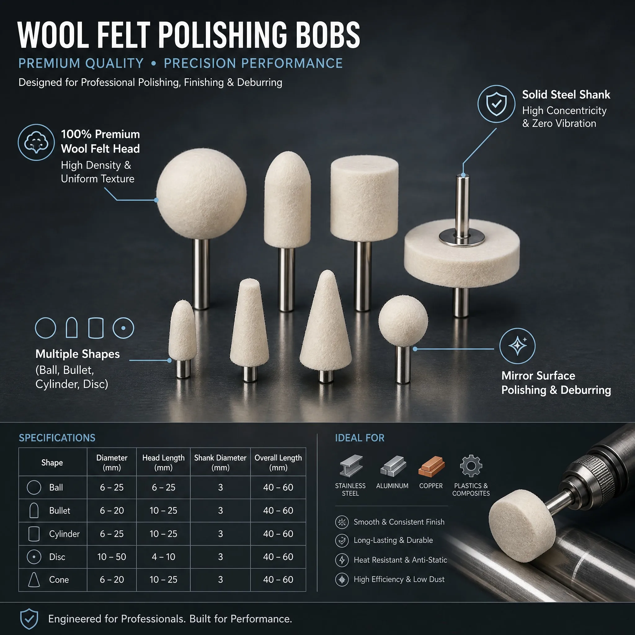 Wool Felt Polishing Bobs Specifications and Shapes