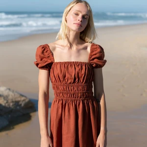 New Trending Brown Linen Solid Bust Fitted Skater Long Midi Dress Women Casual Midi Hot Summer Sexy Young Girl Casual Dresses