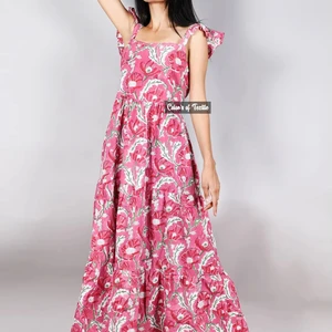Indian Summer Cotton Maxi Dress Hand-Block Printed Solid Pattern Sustainable for Summer Season Maxi Dress For Women