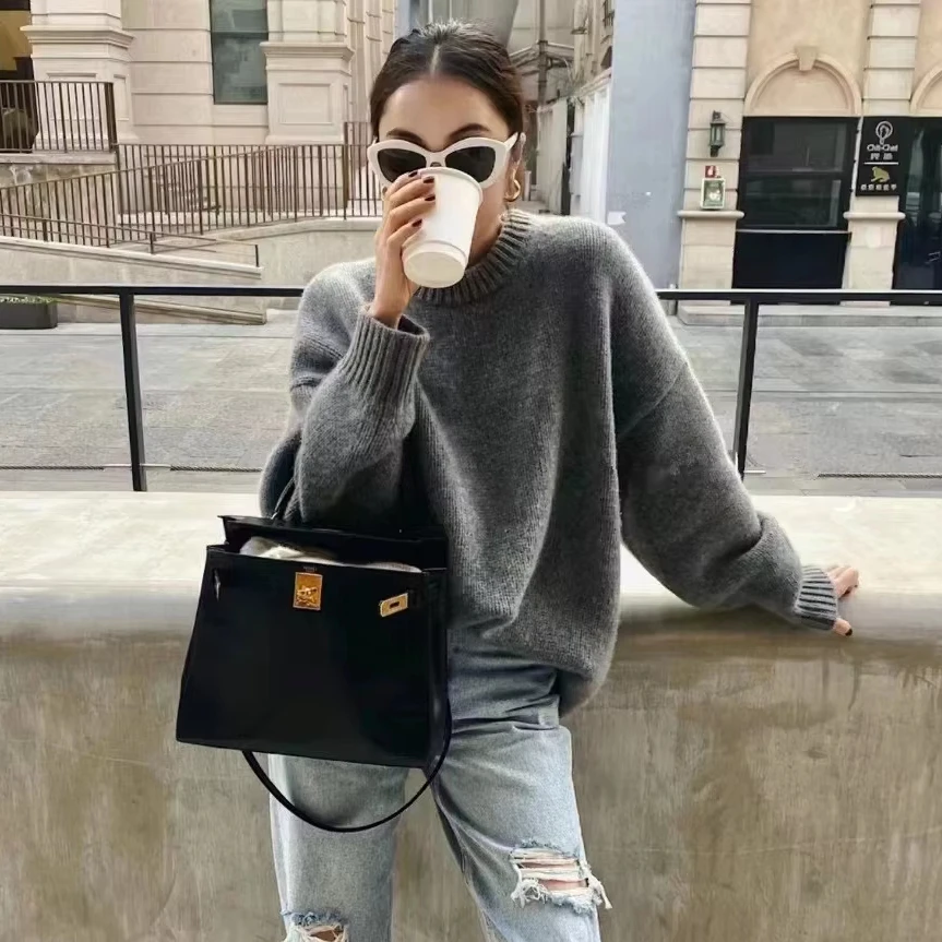 Hand Crocheted Oversized Sweater for Woman Winter Loose Knitted Pullover Crew Neck Long-sleeved Solid Comfortable Sweater