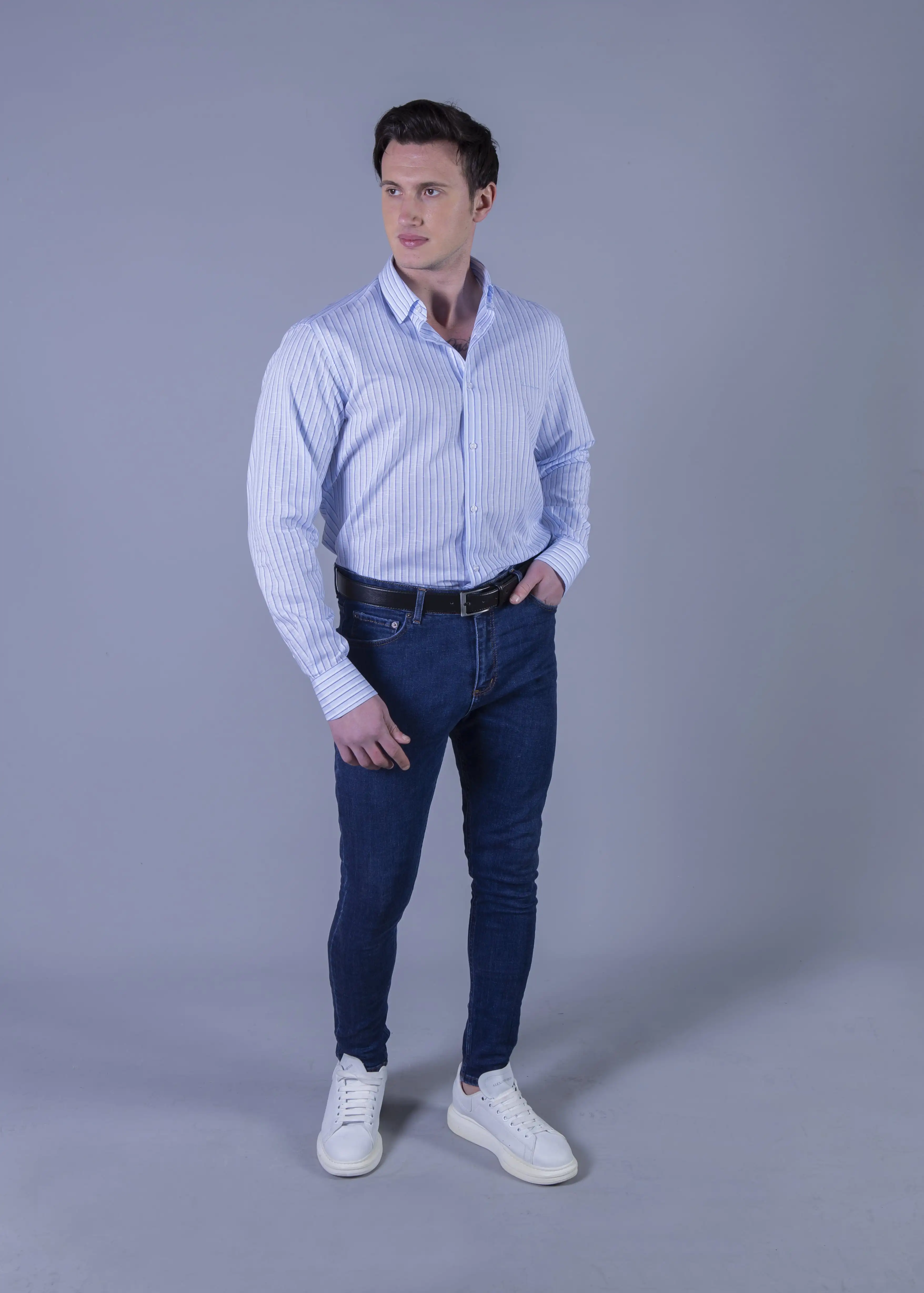 Hot Sale Best Quality Men Casual Striped Shirt Blue Long Sleeve Hidden