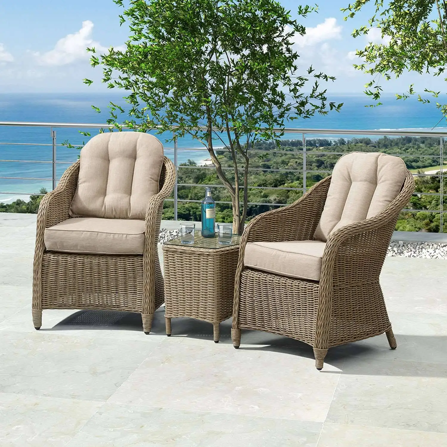 2 Garden Armchairs & Coffee Table Set Weather Resistant Aluminium Rattan Weave Patio